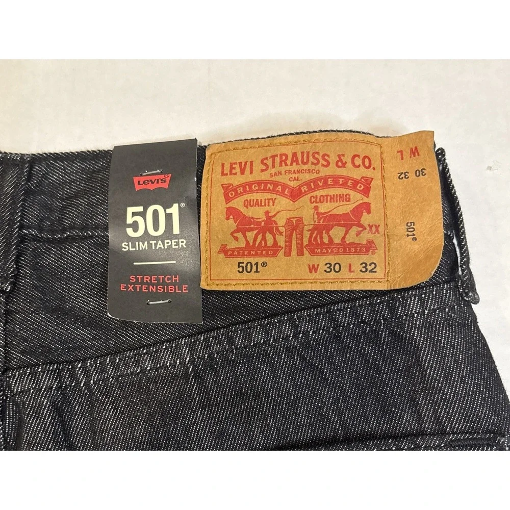 Levis 501 Slim Taper Jeans Mens 30x32 Dark Denim Button Fly Stretch Extensible